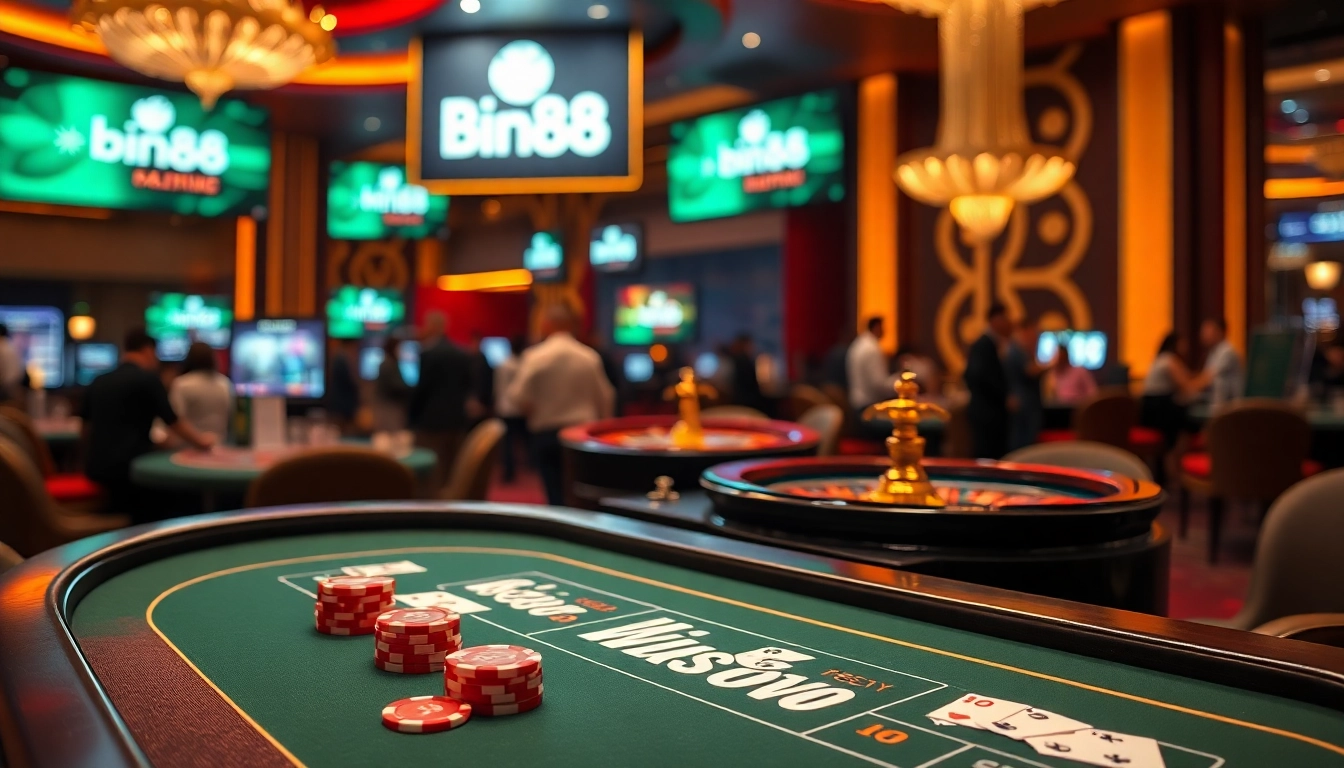 Experience thrilling Baccarat action at Bin88 with vibrant gaming chips and a luxurious casino backdrop.
