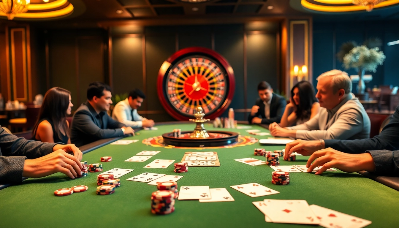 Engaging gamblers at GO8 casino table with vibrant chips and cards.