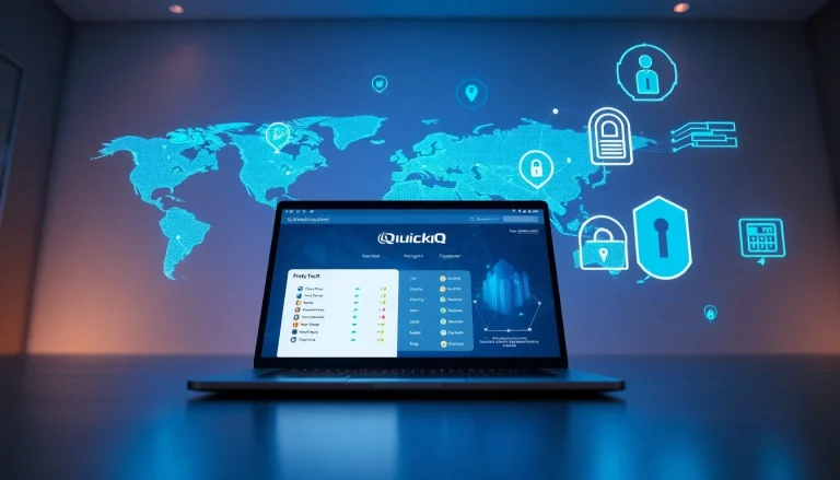 在现代笔记本电脑上使用 QuickQ 的创新 VPN 界面，体验无缝在线隐私。