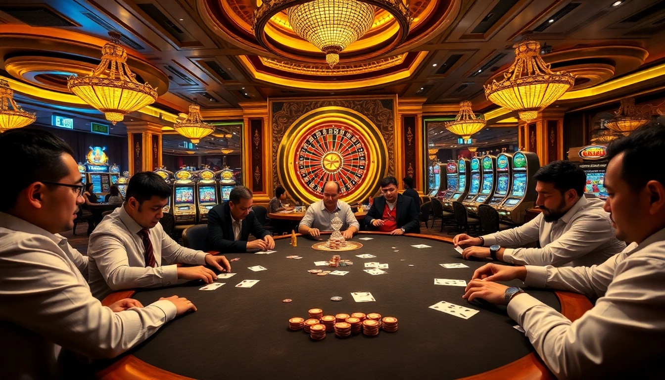 Experience the excitement of KP88 at a lavish casino poker table with players focused on their cards.