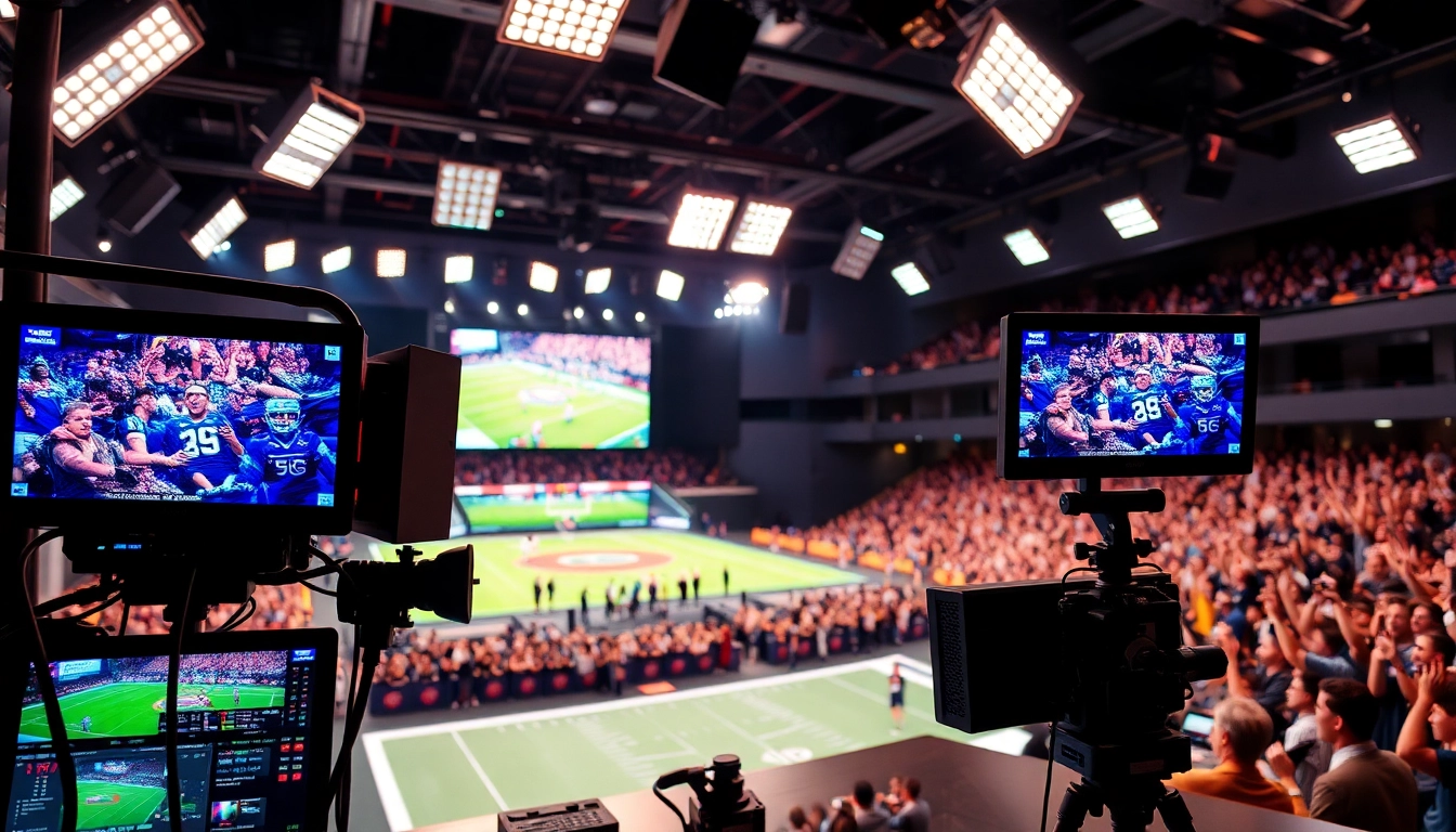 Engaging sports broadcasting studio showcasing advanced technology during a live event.