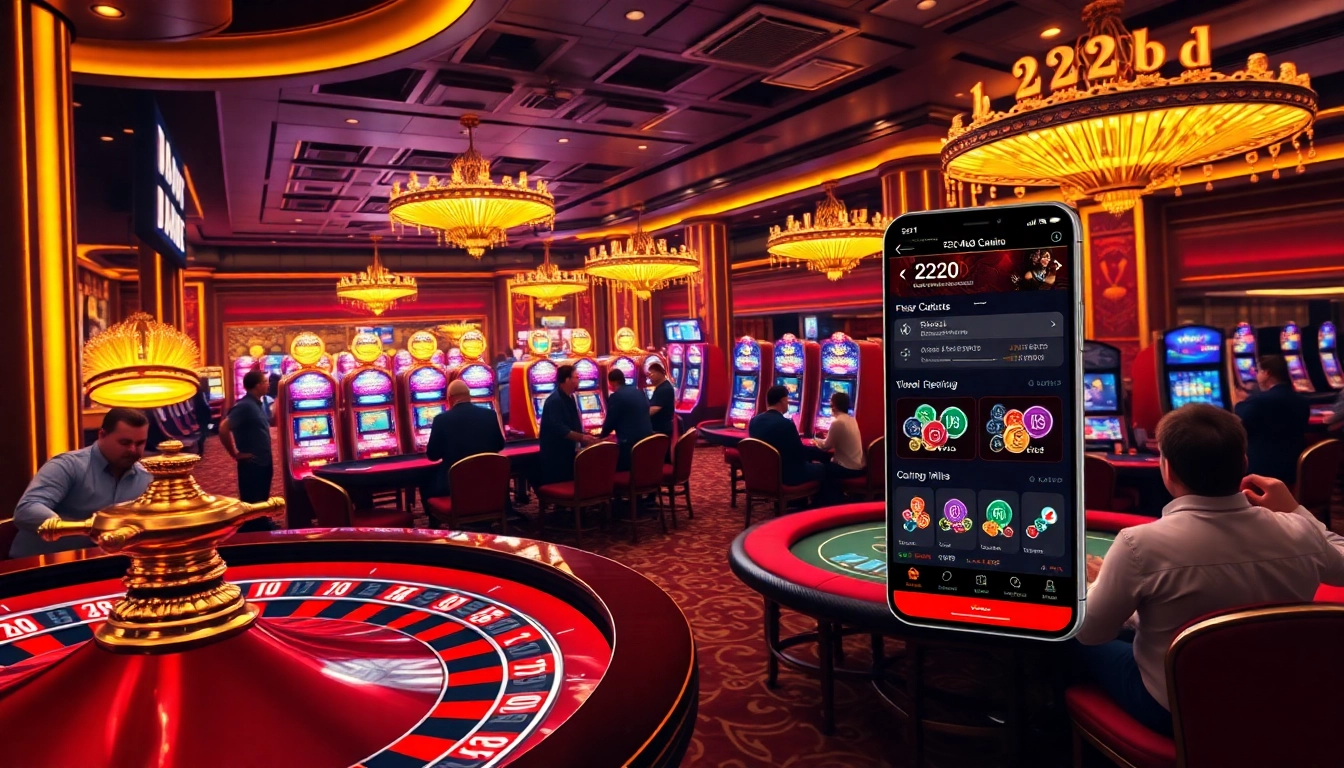 Engaging casino atmosphere showcasing the 222bd app on digital screens amidst live gaming action.