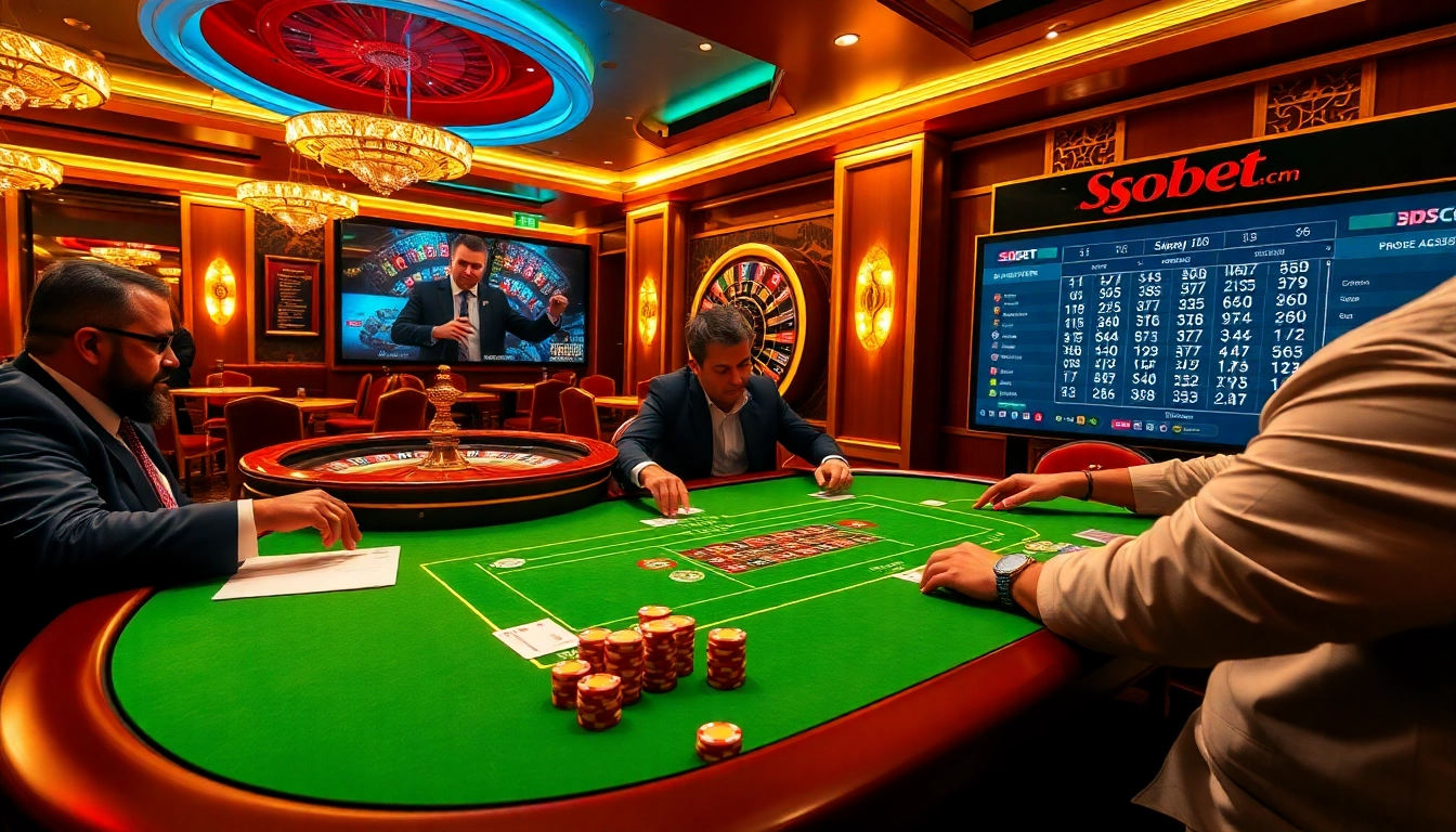 Sbobet online betting experience with players at a poker table and roulette wheel.