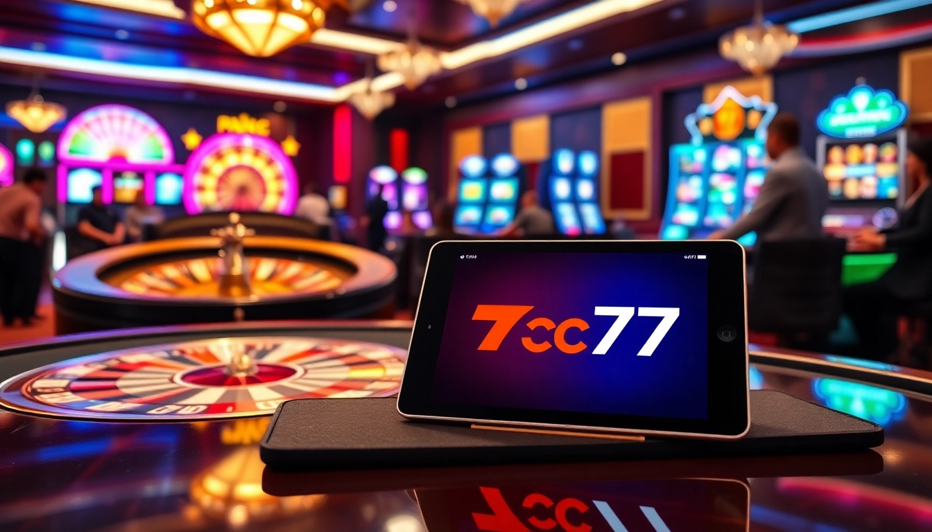 The 7c77 app displayed on a tablet amidst a vibrant casino atmosphere.