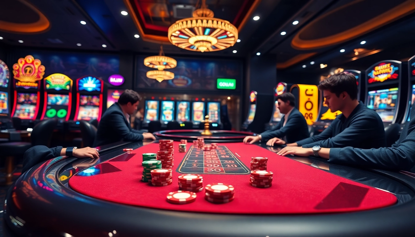 Engaged players revel in a high-stakes poker game at GOOD88 casino, showcasing vibrant poker chips and luxury.