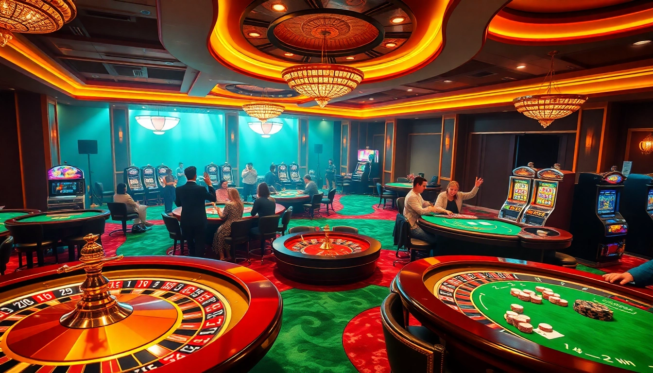 K9K9 casino vibrant scene with players celebrating wins at luxurious tables.