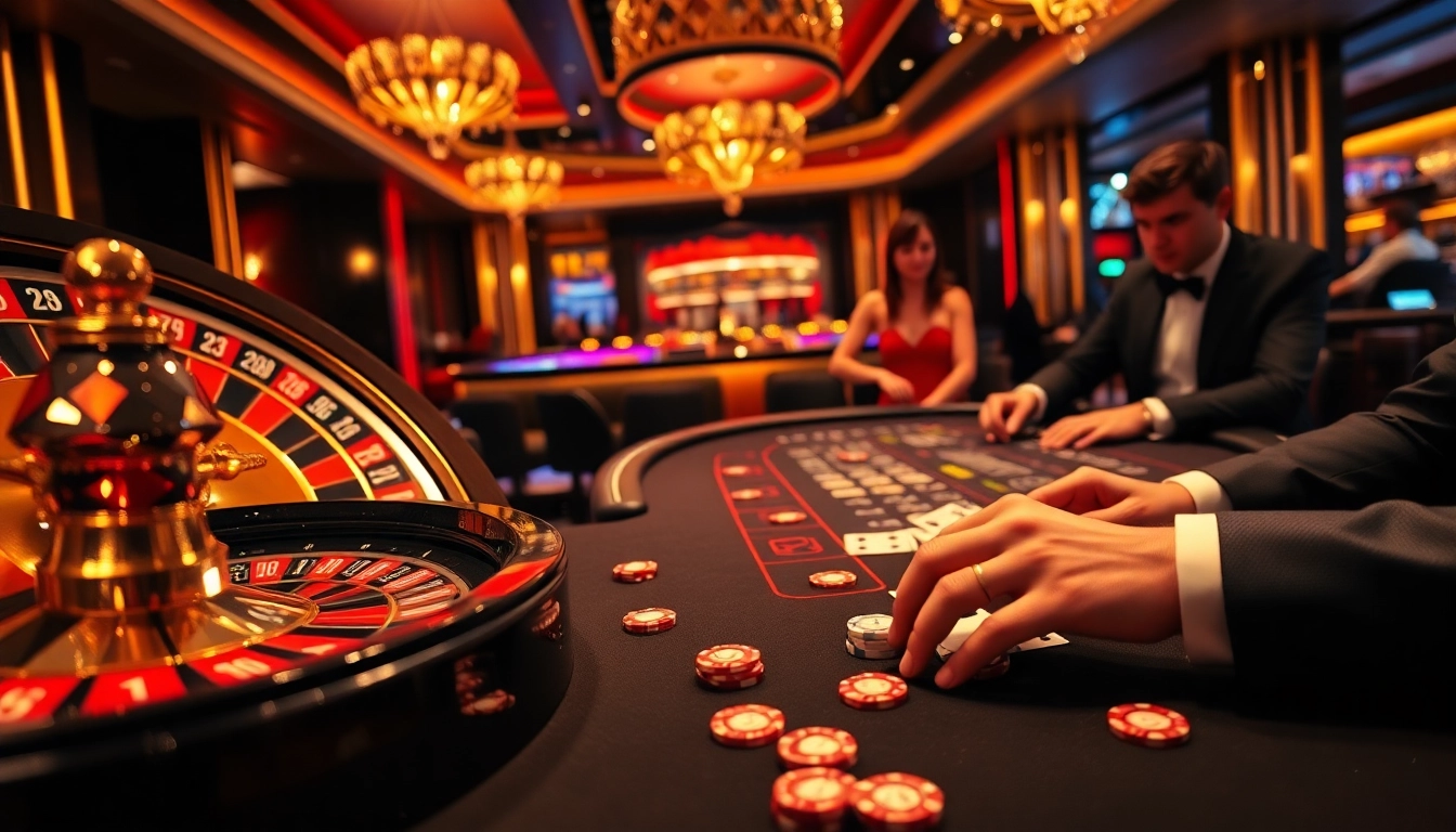 Experience the thrill of gambling at Vua99 with vibrant casino tables and excited players.