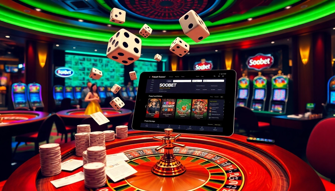 Sbobet platform showcasing vibrant casino tables and thrilling gambling action for online sports betting.