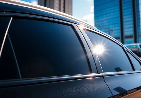 Tinting showcasing the best window tint Chattanooga TN on a sleek car with vibrant city backdrop.