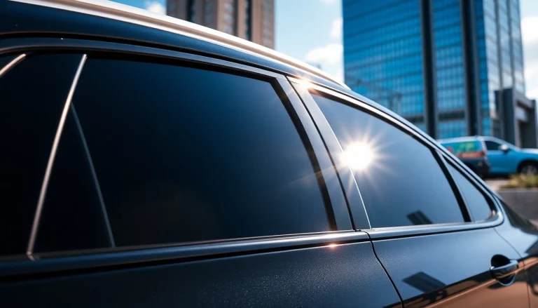 Tinting showcasing the best window tint Chattanooga TN on a sleek car with vibrant city backdrop.
