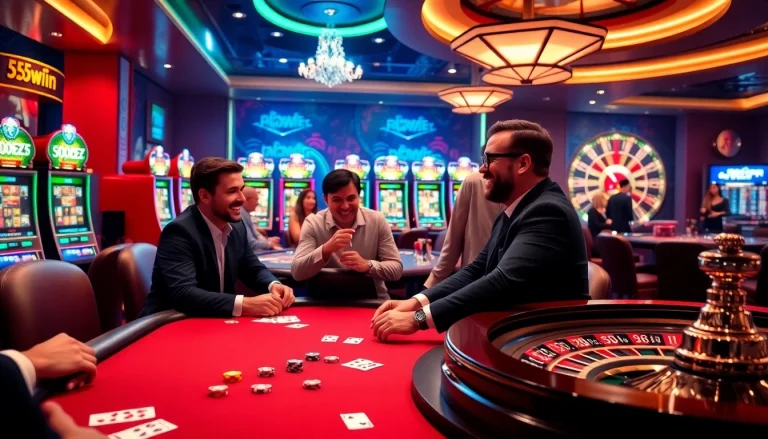 Players enjoy a thrilling poker game at 555win casino with vibrant slot machines in the background.