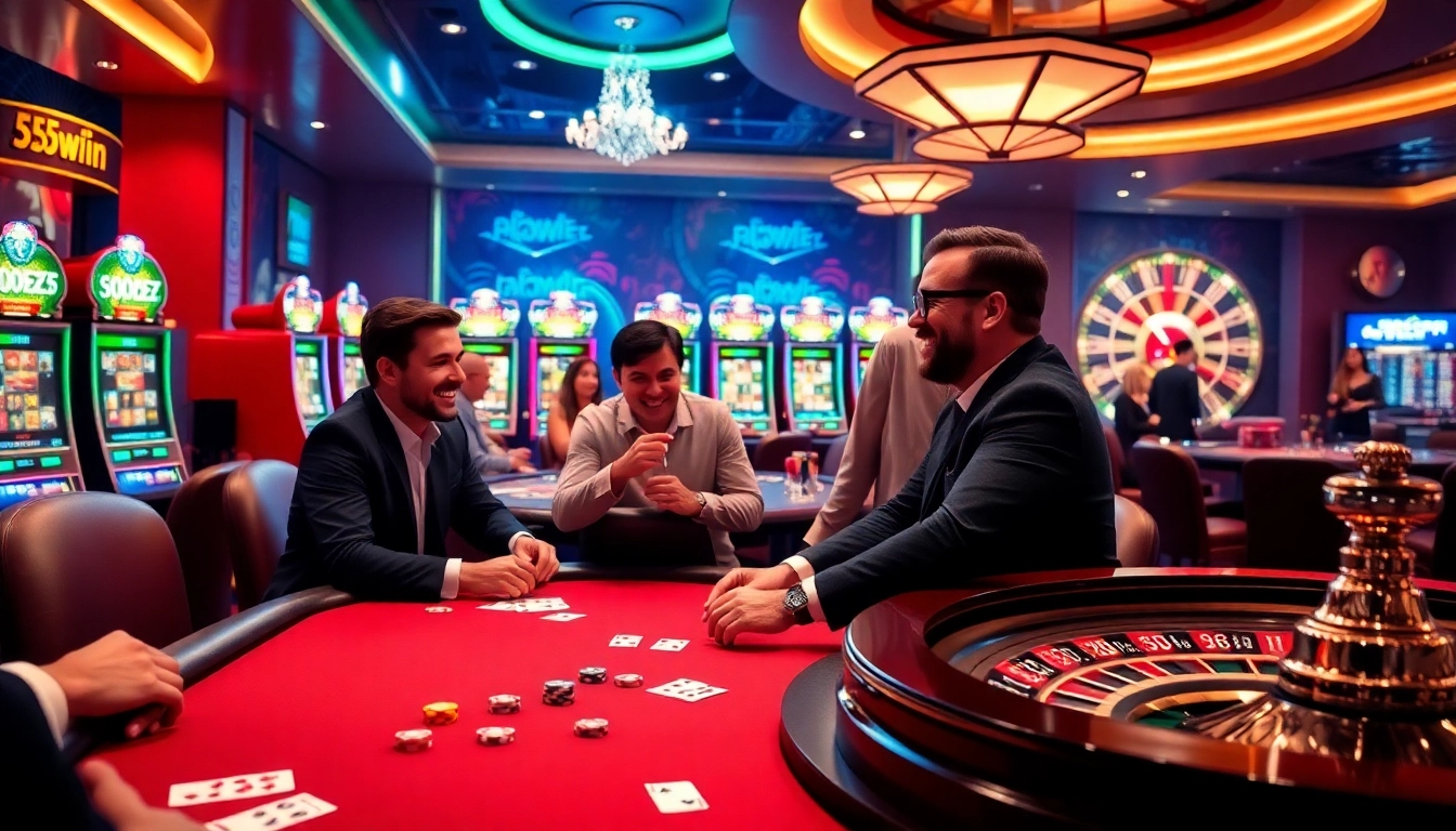 Players enjoy a thrilling poker game at 555win casino with vibrant slot machines in the background.