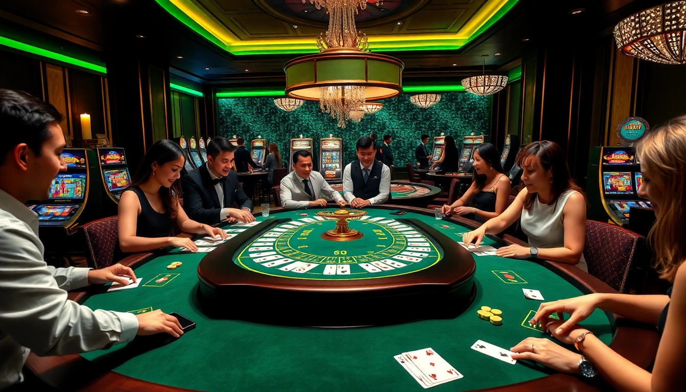 Excited players at a nova88 gaming table enjoying poker and roulette in a luxurious casino setting.