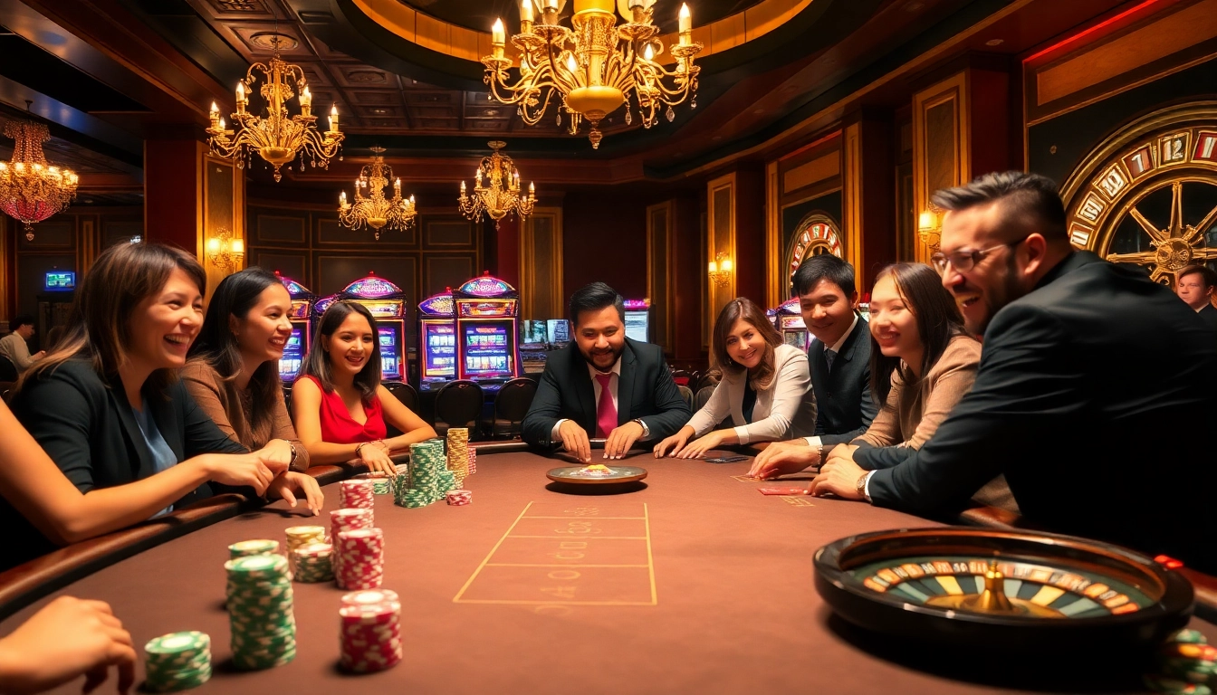 Players strategizing at a poker table in a top club casino atmosphere with vibrant colors.