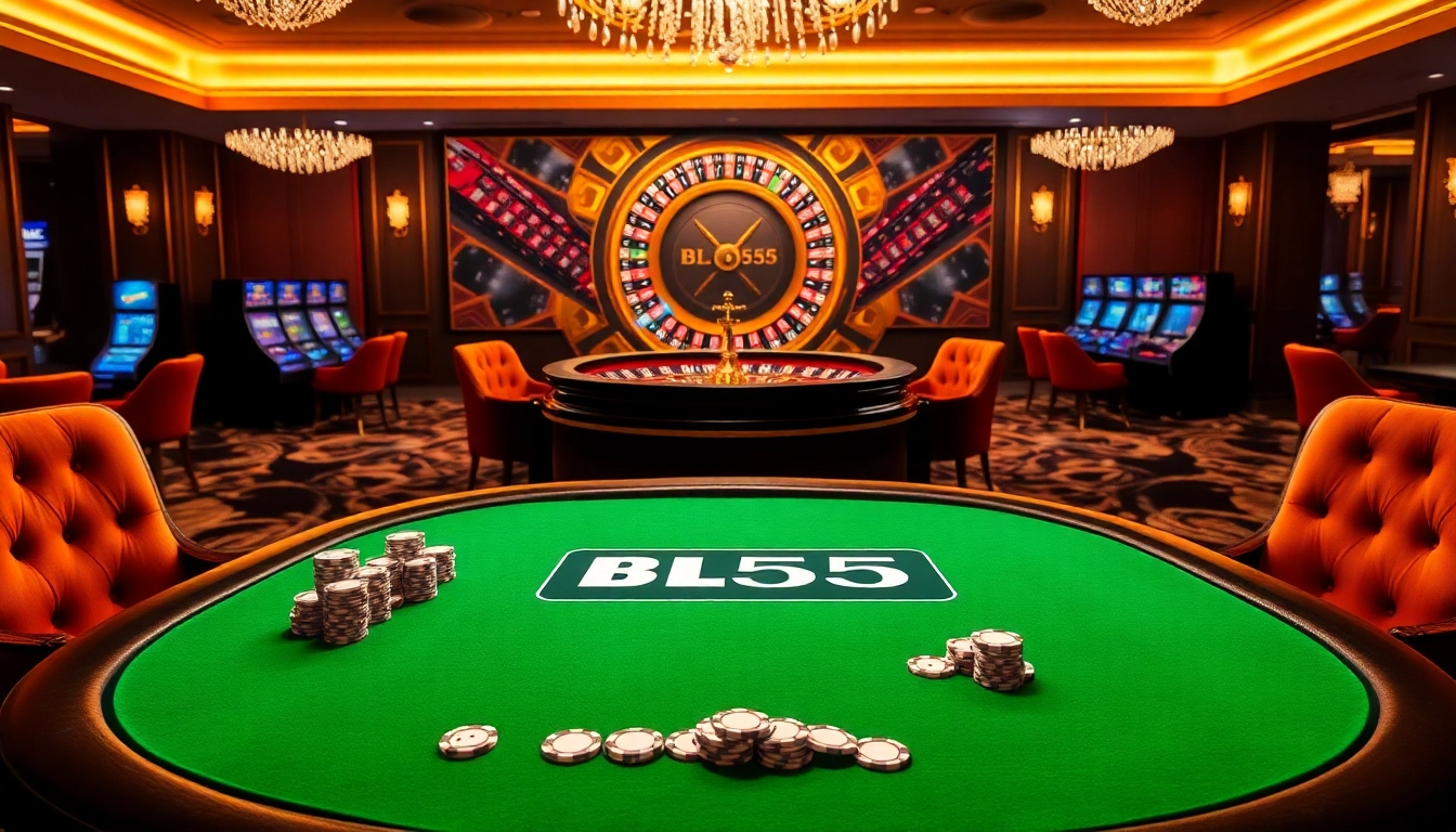 Experience an exciting game at the BL555 casino table filled with chips and cards.