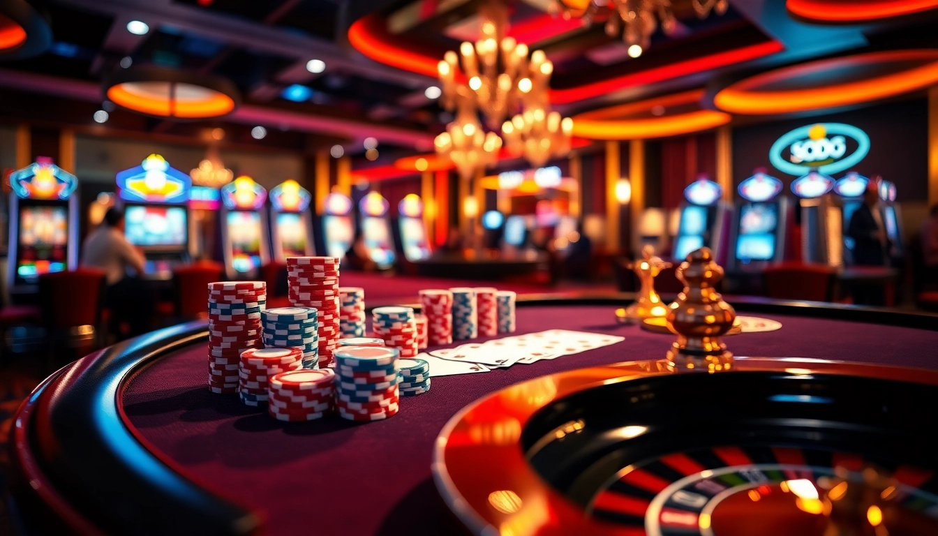 Players engaging in thrilling bets at SODO66 casino games featuring vibrant poker chips and cards.