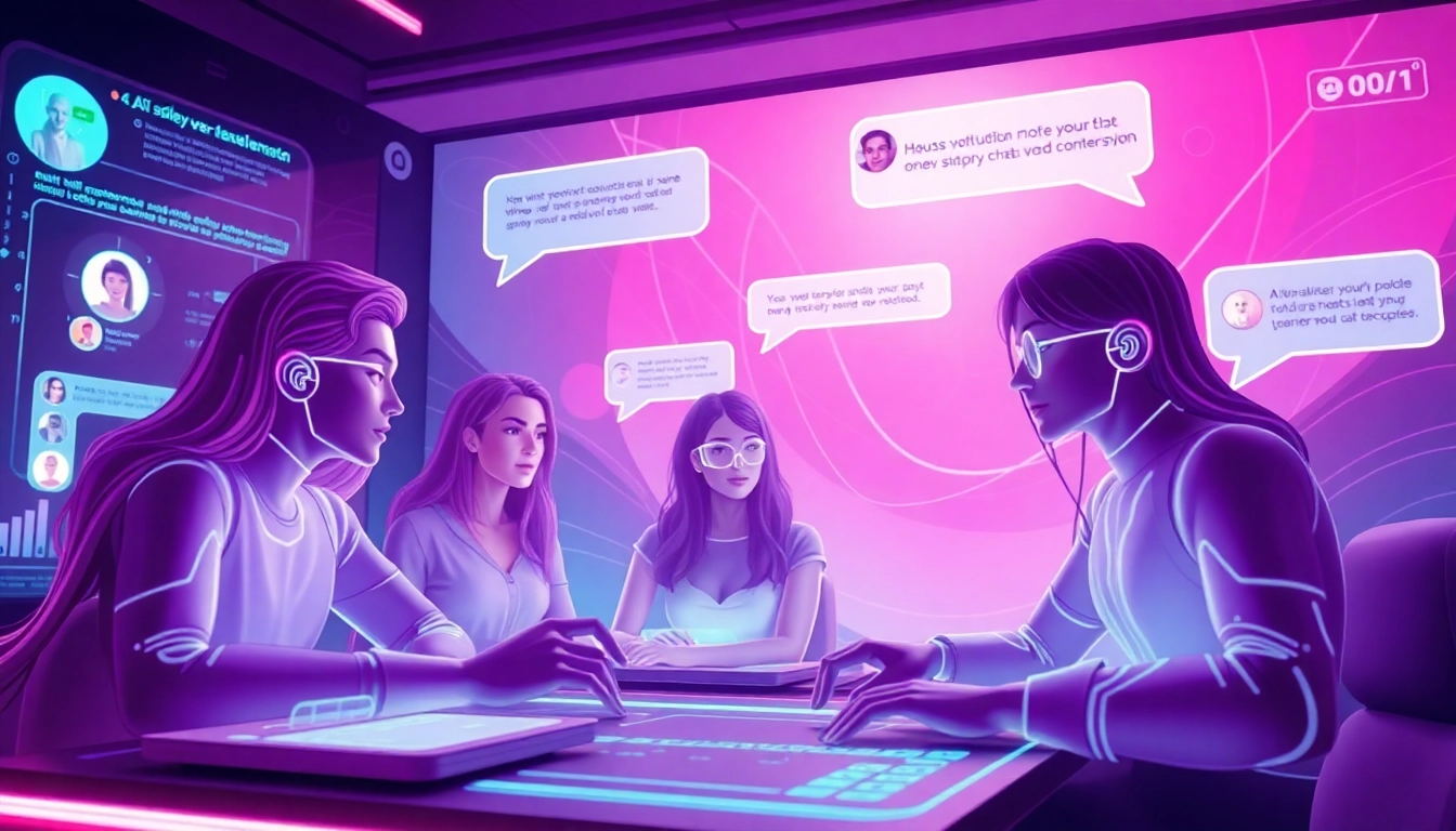 Interactive scene of ai porn chat with vibrant avatars and lively chat bubbles.