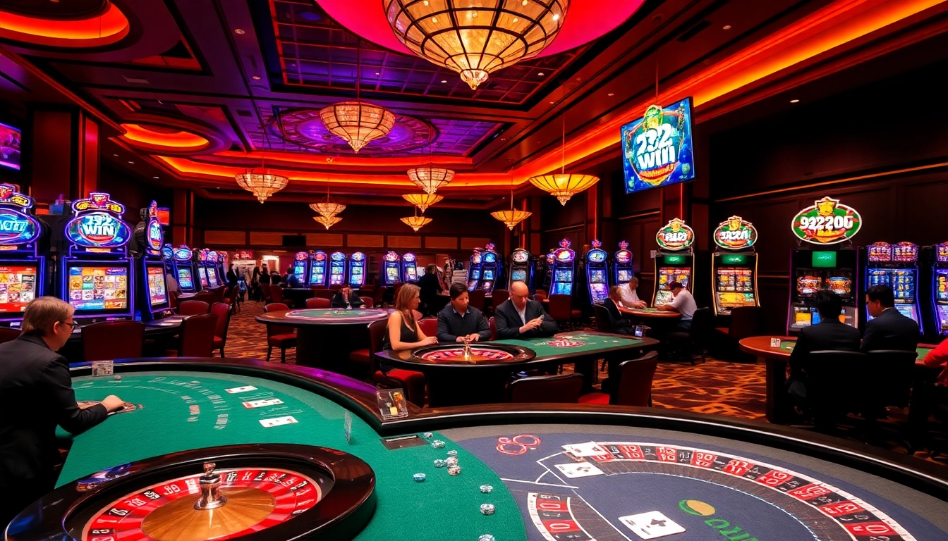 A lively casino scene where players engage with games, showcasing the thrill of winning with 32 win.
