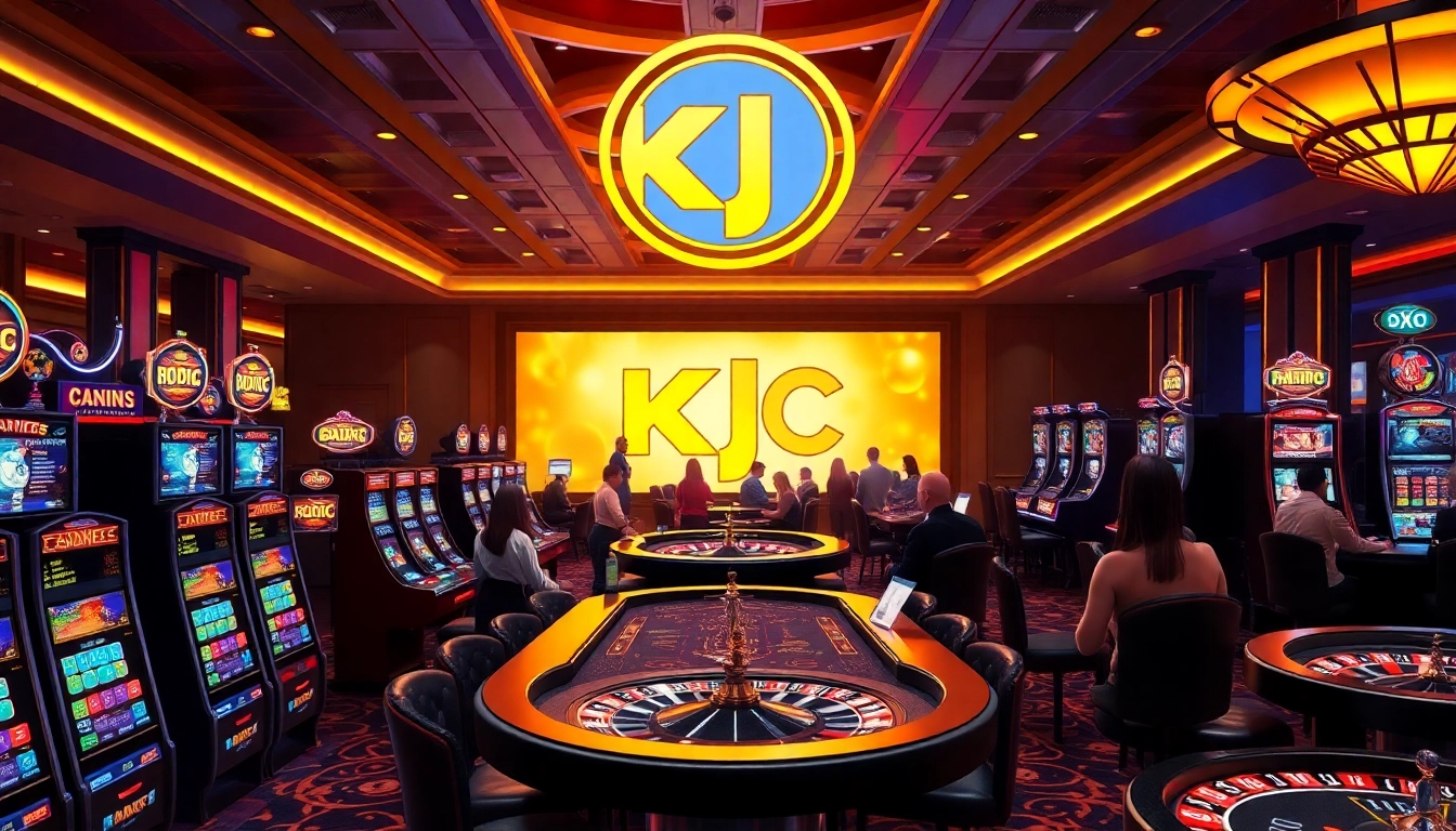 KJC logo displayed on a vibrant casino floor with poker tables and slot machines, enhancing the gambling experience.