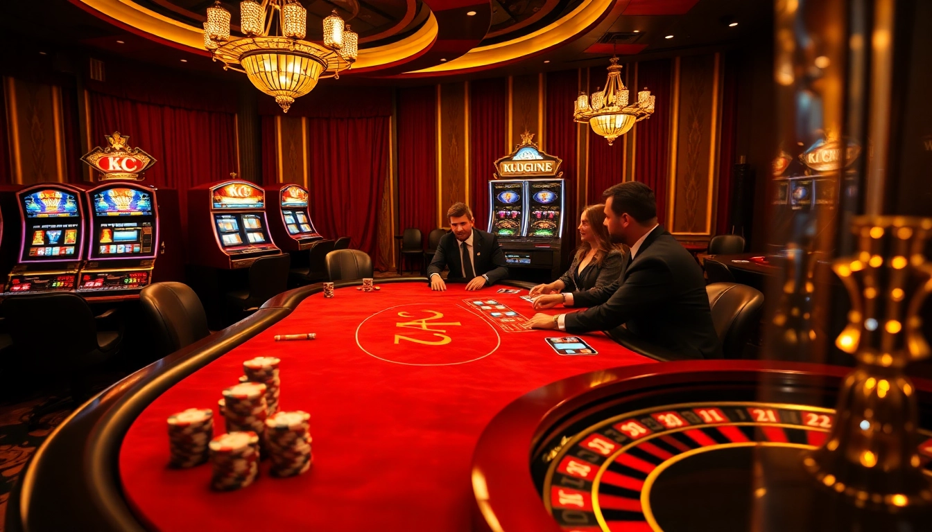 KJC poker game in a luxurious casino setting, featuring dynamic players and vibrant poker chips.