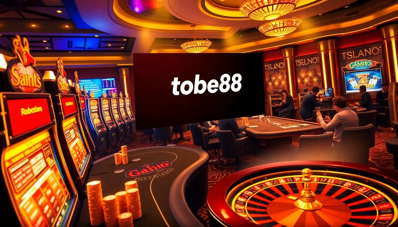 Tobet88 casino scene featuring engaging poker tables and dynamic slot machines.