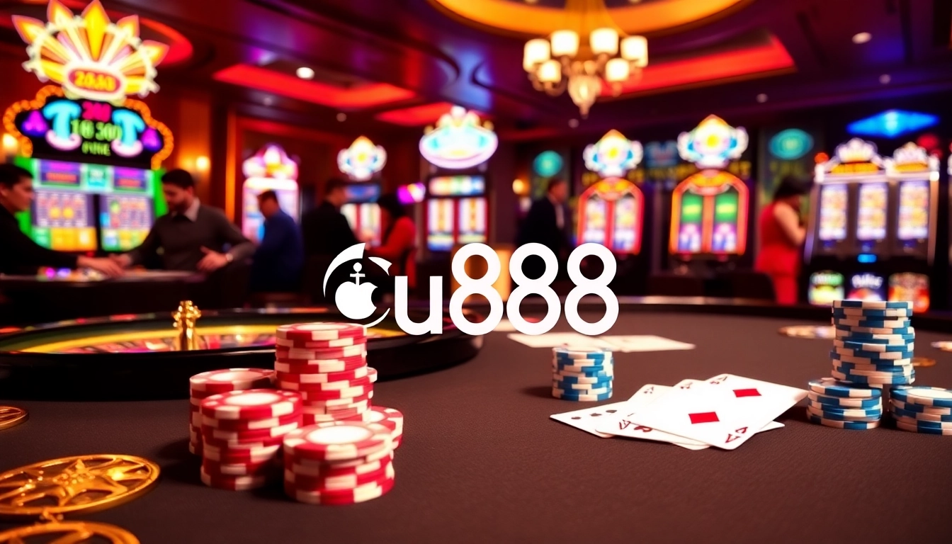 Experience the excitement of u888 with vibrant casino games and enthusiastic players at a luxurious gambling table.