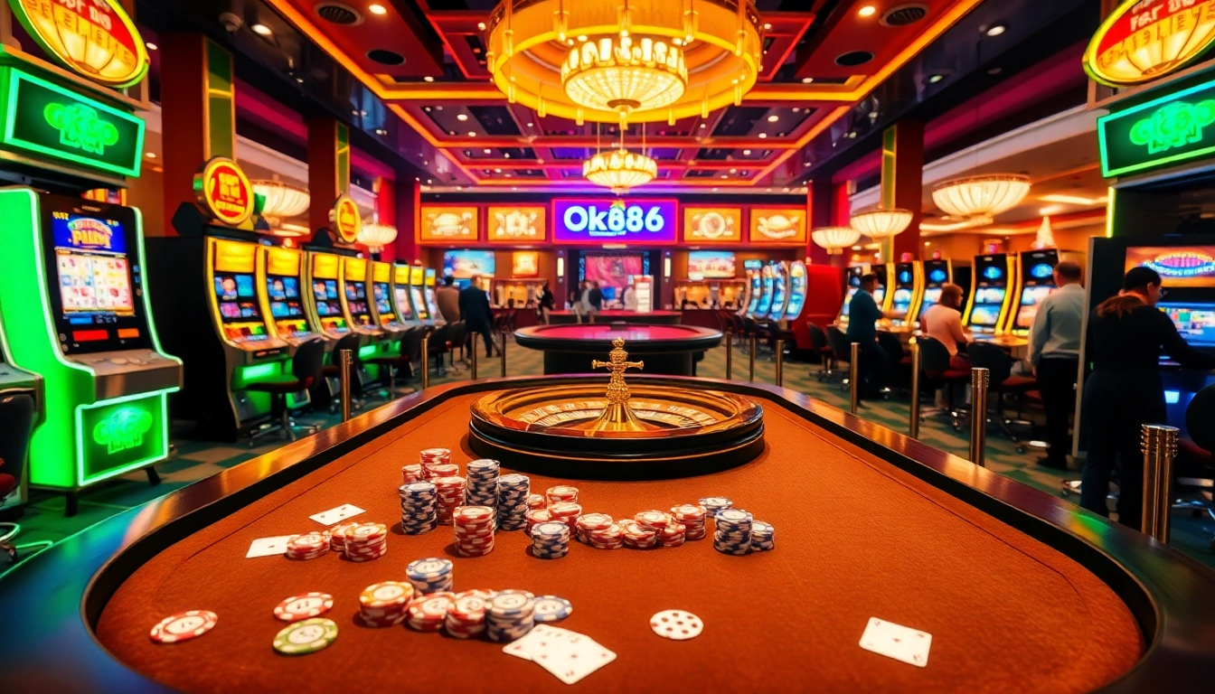 Experience the thrill of gambling with ok88 at a luxurious casino atmosphere featuring vibrant gaming tables and slot machines.