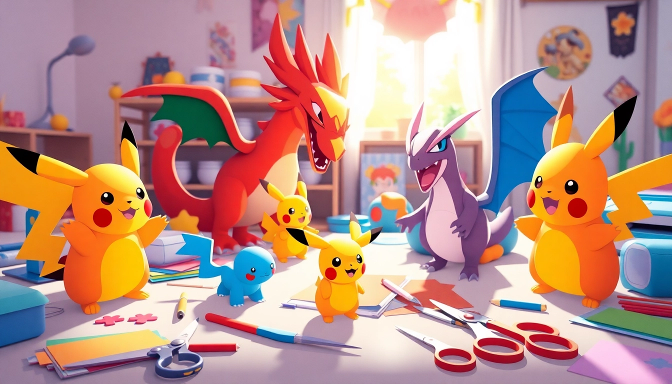 Vibrant Pokemon SVG crafting scene with Pikachu and Cricut tools