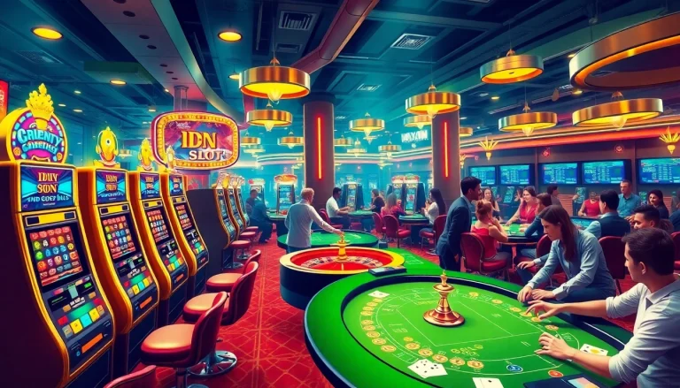 Players enjoying idn slot games at a vibrant, luxurious casino atmosphere with engaging visuals.