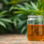 Learn how to make THC oil with this close-up of freshly prepared THC oil in a glass jar.