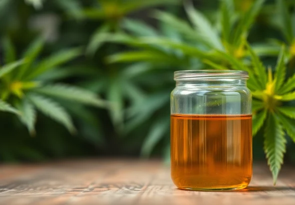 Learn how to make THC oil with this close-up of freshly prepared THC oil in a glass jar.